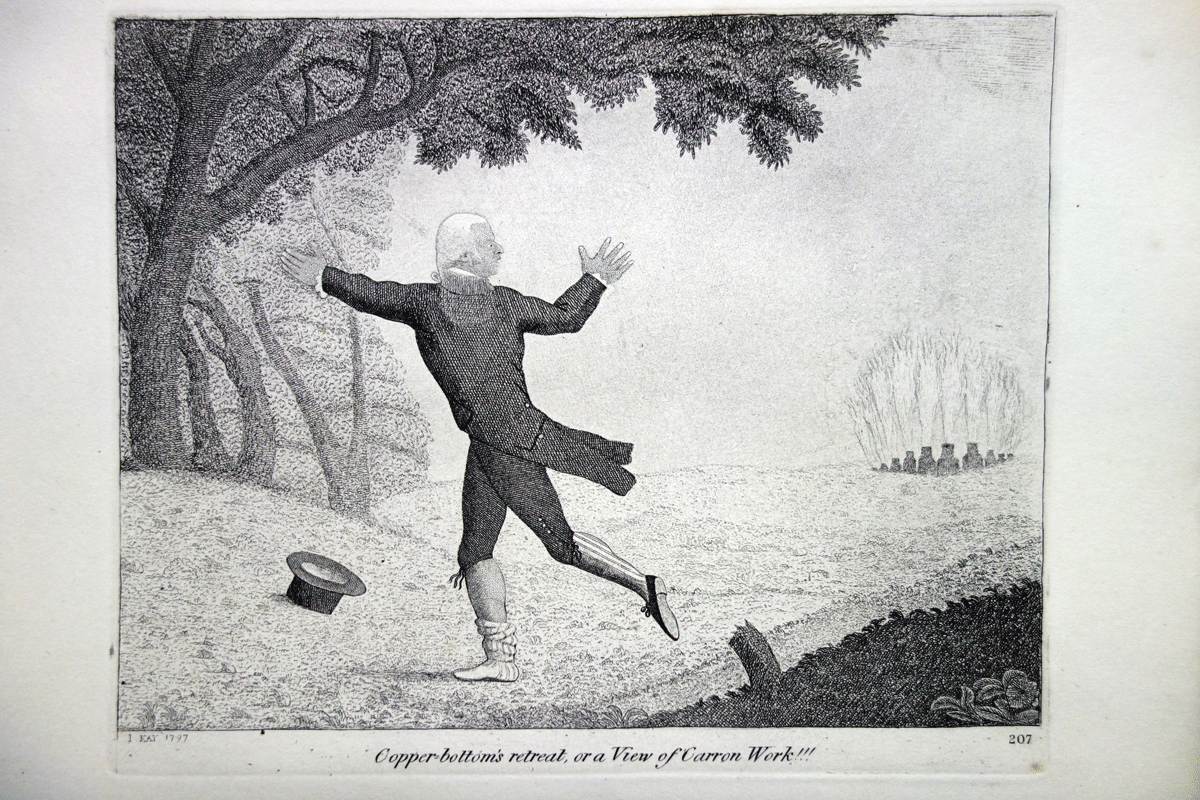 William Forbes of Callendar Copperbottom’s retreat or a view of Carron Work etching by John Kay