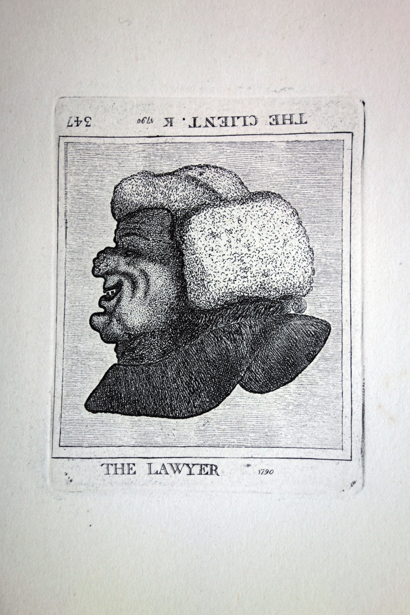 Lawyer and Client, Reverse Heads etching by John Kay 18c