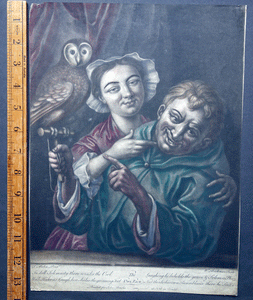 The Owl Face mezzotint droll satirical print John Bowles