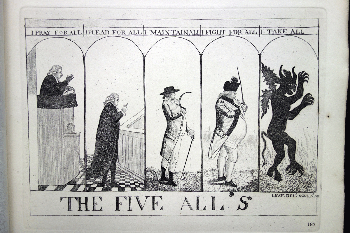 The Five All’s John Kay etching 18c