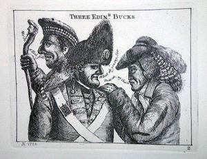 A Triumvirate, The Daft Highland Laird, John Dhu, or Dow, alias MacDonald, and Jamie Duff, and Idiot  John Kay 18C etching