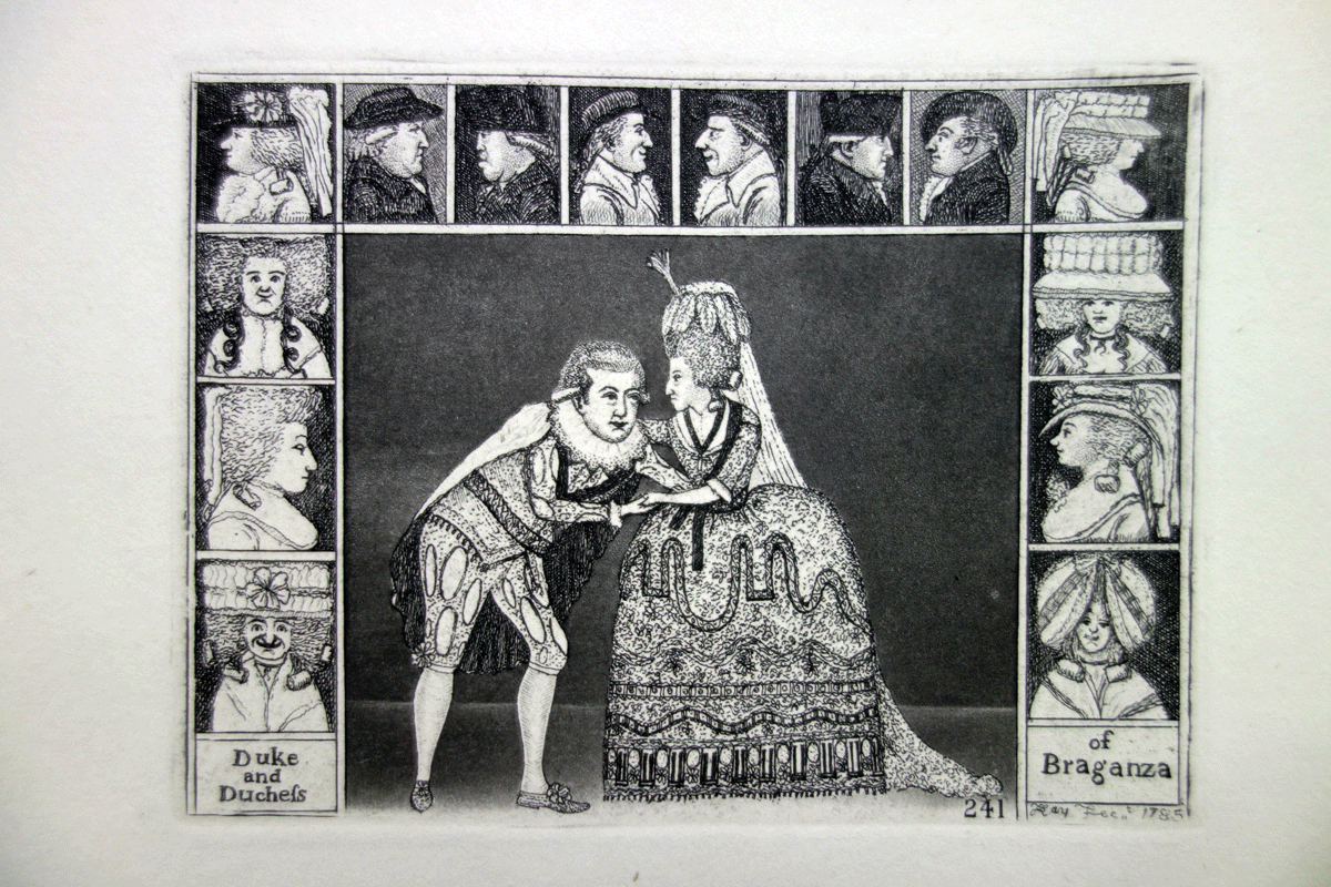 Mr. Clinch and Mrs. Yates, In the Characters of the Duke and Duchess of Braganza  John Kay etching 18c