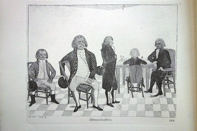 The Artist Under Examination Sheriff Pringle, With the Pursuers, Bell and Rae, Sitting Behind John kay etching 18c