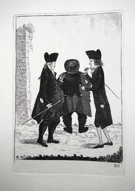 An Exchange of Heads, Hugo Arnot, Esq.– Mr William Macpherson, and Roger Hog, Esq John Kay etching 18c
