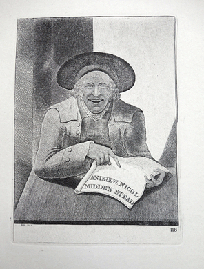 Andre Nicol, With a Plan of his Middenstead  John Kay etching 18c