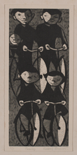Load image into Gallery viewer, Roderic Barrett 20C Wood Engraving Family Cycling woodcut