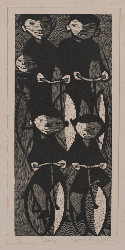 Roderic Barrett 20C Wood Engraving Family Cycling woodcut