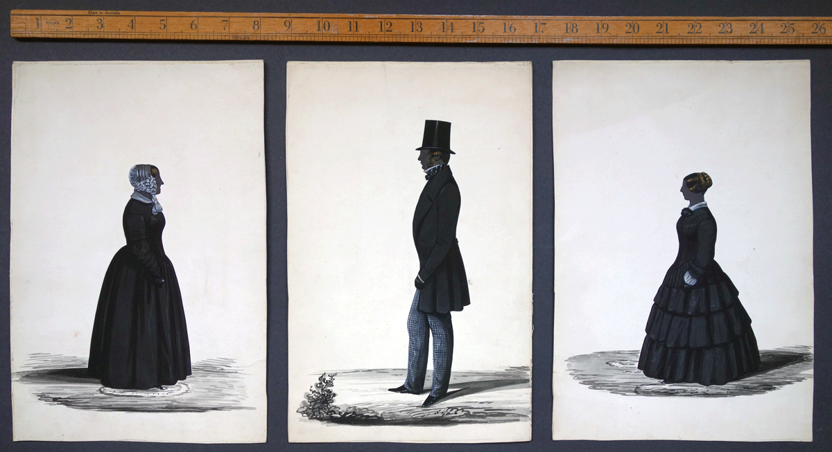 19c silhouette of family of  Robert Bowman, surgeon of Ripon watercolour on paper