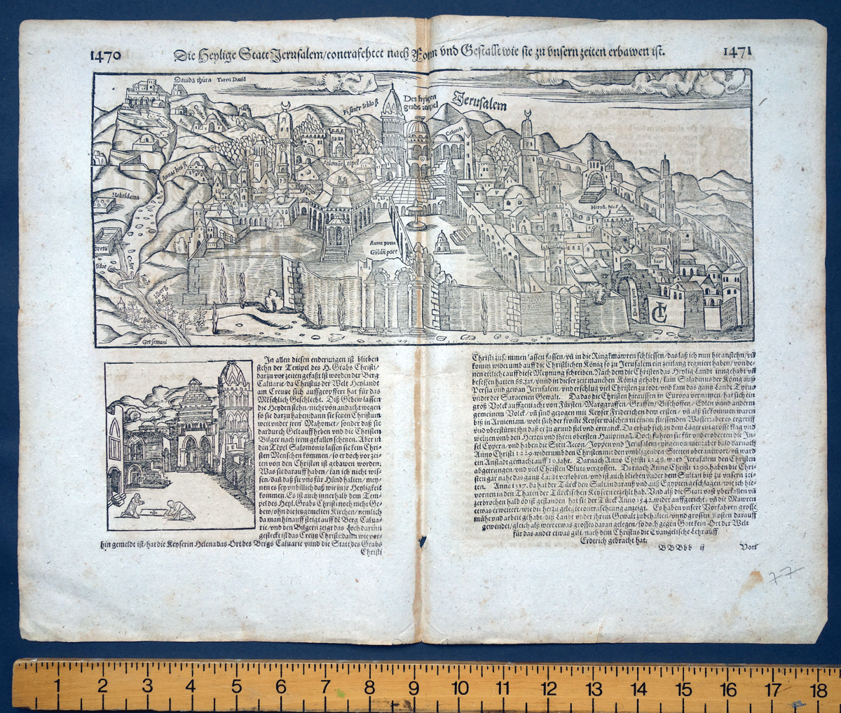 Jerusalem ‘Die Heylige Statt Jerusalem ‘ map with temple woodcut Munster