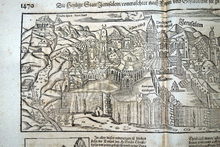 Load image into Gallery viewer, Jerusalem ‘Die Heylige Statt Jerusalem ‘ map with temple woodcut Munster