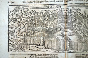 Jerusalem ‘Die Heylige Statt Jerusalem ‘ map with temple woodcut Munster