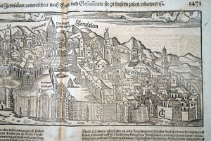 Jerusalem ‘Die Heylige Statt Jerusalem ‘ map with temple woodcut Munster