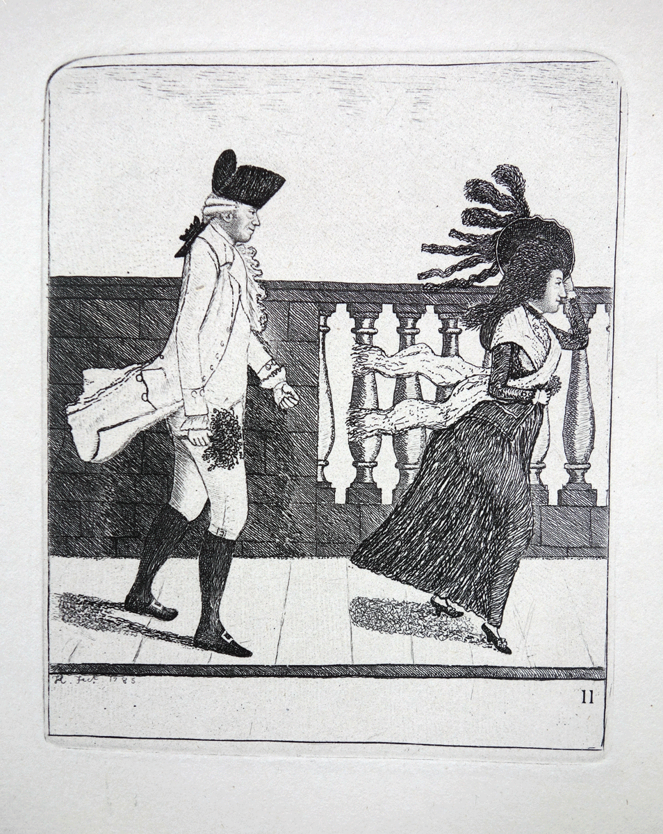 John Kay Dr James Graham Going Along the North Bridge in a High Wind 18C etching
