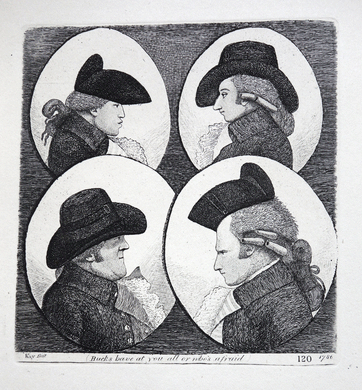 Four Bucks, Dr. Eiston, Signior Stabilini, Captain McKenzie, and MacNab of MacNab  John kay etching 18c