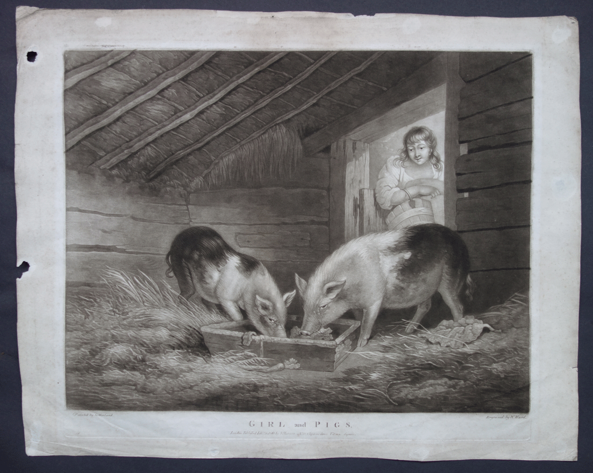 Girl and Pigs mezzotint after Morland by William Ward