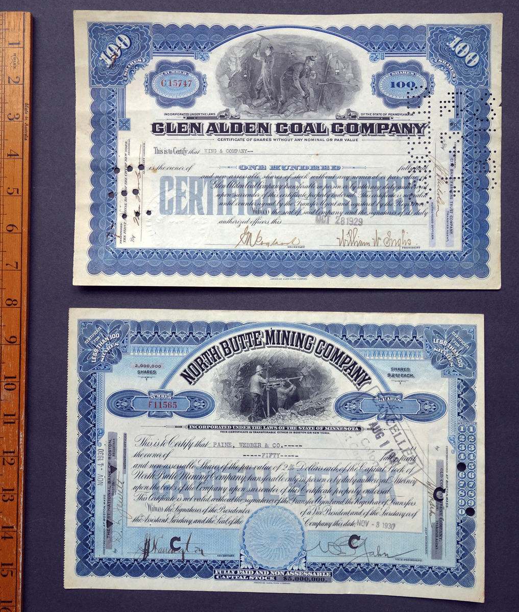 Glen Alden Coal and North Butte Mining share certificates (2)