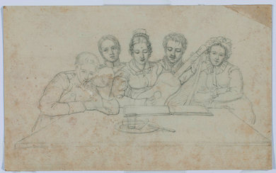 French Music Party Ingres School drawing