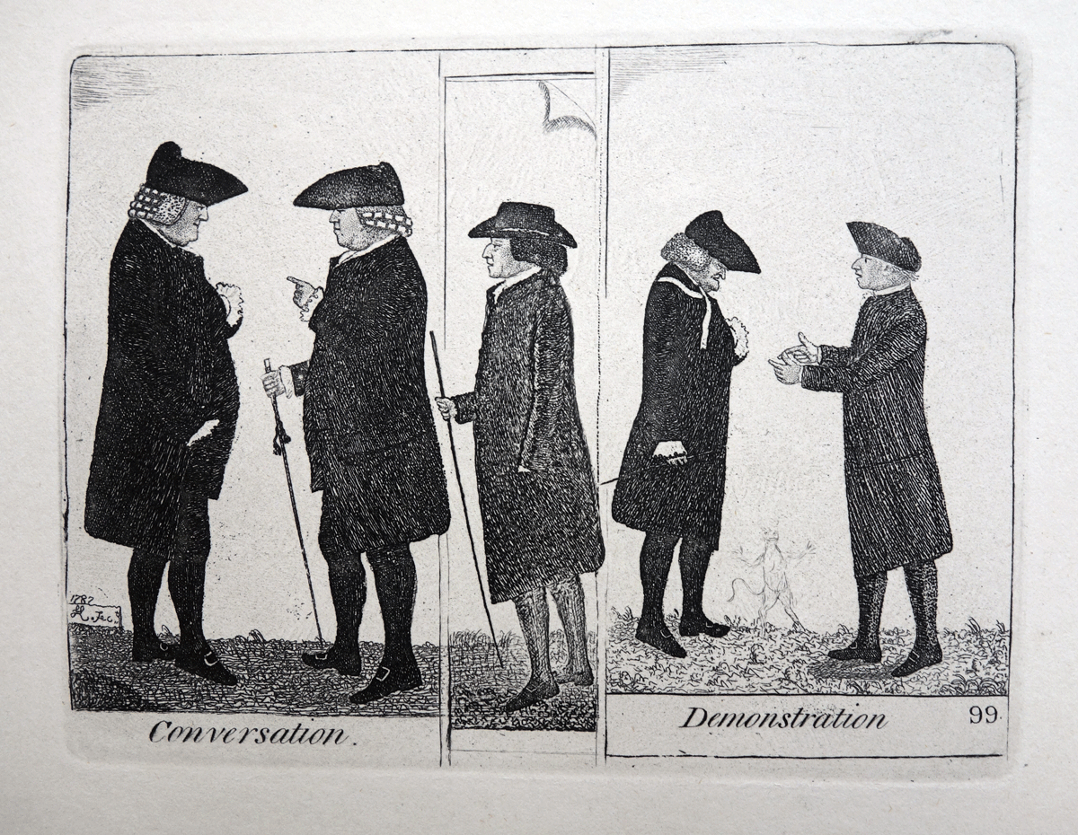 Conversation Demonstrations John Davidson, Esq., and Lord Henderland. George Paton, Esq. Lord Monboddo and Dr. Hutton. John Kay etching 18c