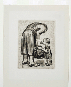 Kollwitz    Standing mother feeding her little boy  etching  Stehende mutter, ihr büblein fütternd