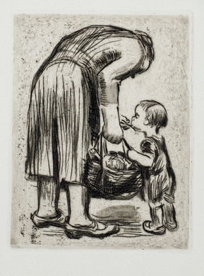 Kollwitz    Standing mother feeding her little boy  etching  Stehende mutter, ihr büblein fütternd