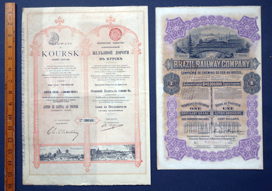 Koursk tramway and Brazil railway share certificates