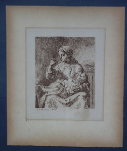 La Bouillie , Mother and Child, Porridge etching   Jean Francois Millet