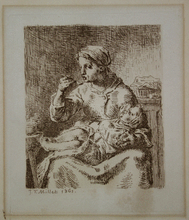 Load image into Gallery viewer, La Bouillie , Mother and Child, Porridge etching   Jean Francois Millet
