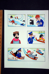 Postman Pat original comic Illustrations Joan Hickson 'Snow Sleds ' 2  sheets 1980s