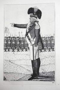 Sir James Grant of Grant, Bart., With a view of his Regiment, the Strathspey or Grant Fencibles  John Kay etching 18c