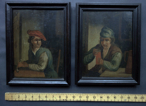 Tavern  Drinkers pair of oil paintings Dutch or English Primitive