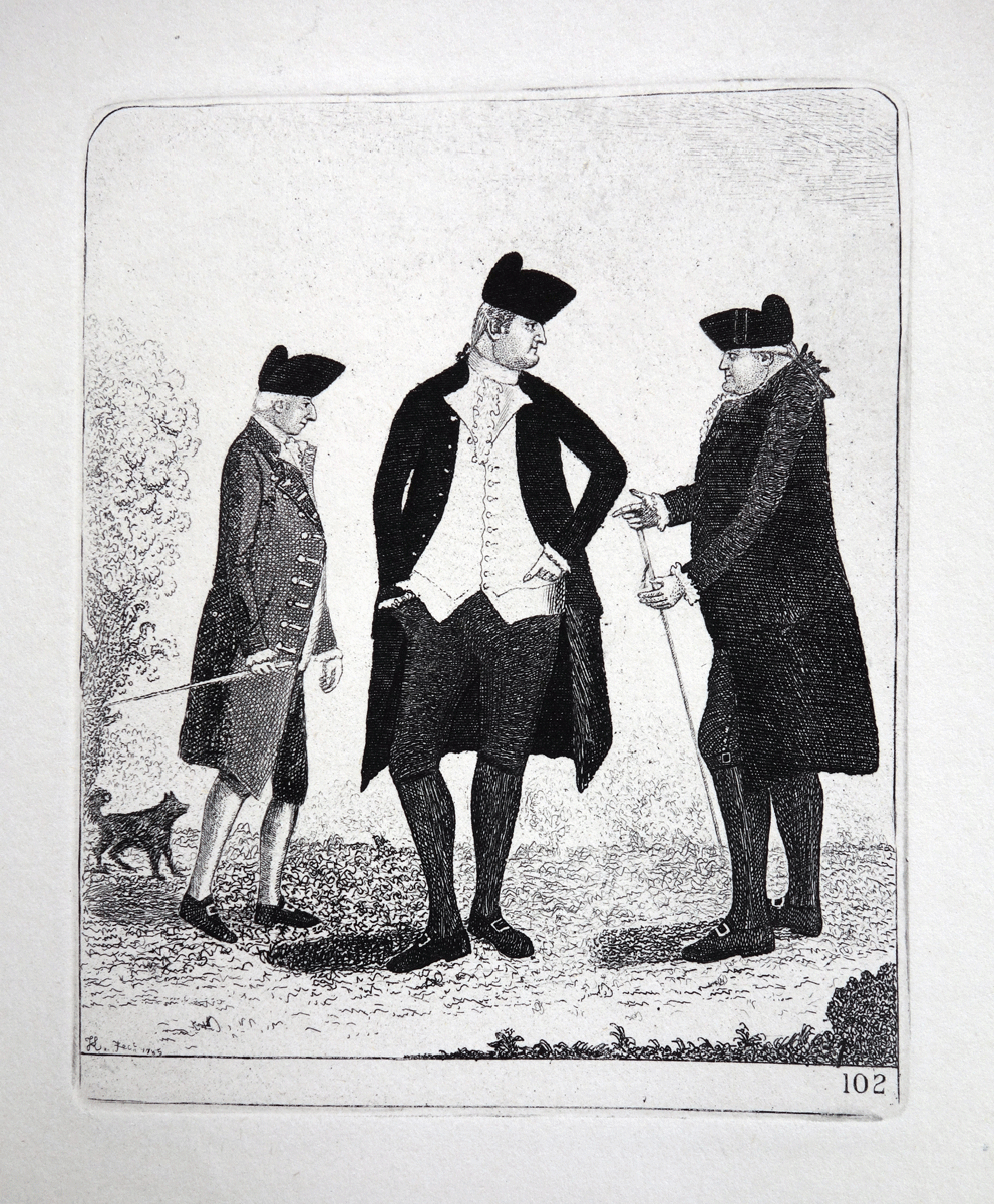 The Right Hon. The Earl of Haddington, Sir William Forbes of Pitsligo, Bart., and Sir James Hunter Blair, Bart.  JOhn Kay etching 18c