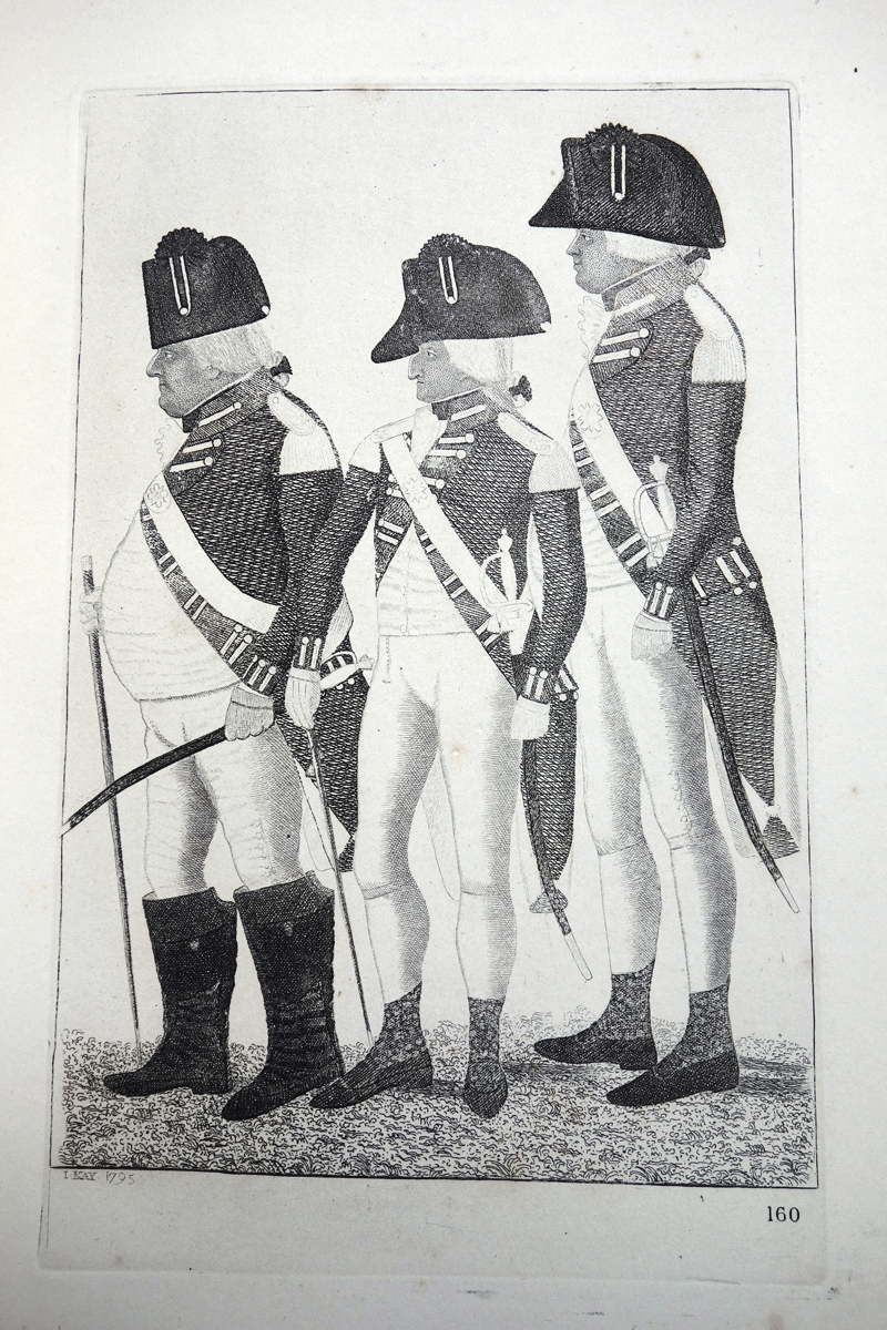 Three Officers of the Hopetoun Fencibles. Lord Napier, Major Pilmer, and Major Clarkson  JOhn Kay etching 18c