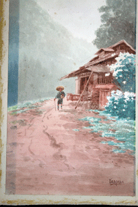 Japanese 19c watercolour Japanese Road Yamada