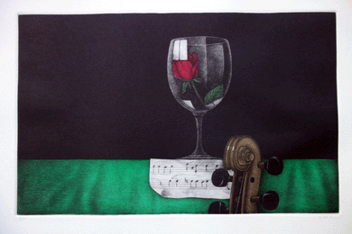 Rose, glass and music mezzotint print by Tomoe Yokoi