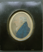 Load image into Gallery viewer, Bald Victorian gentleman in blue coat  watercolour miniature