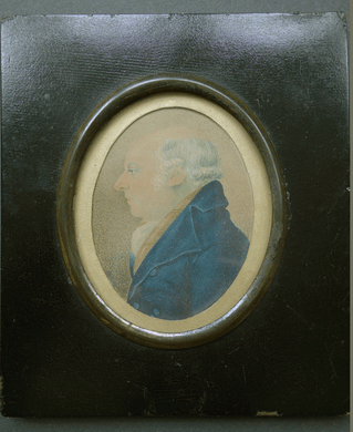 Bald Victorian gentleman in blue coat  watercolour miniature