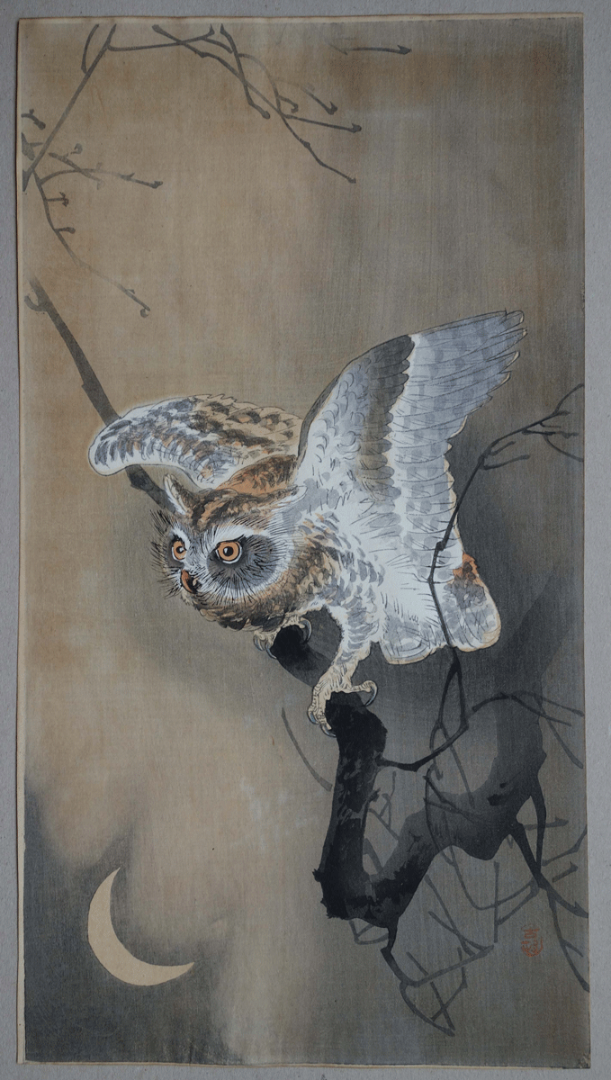 Owl and Crescent Moon Japanese woodblock print by Ohara Koson