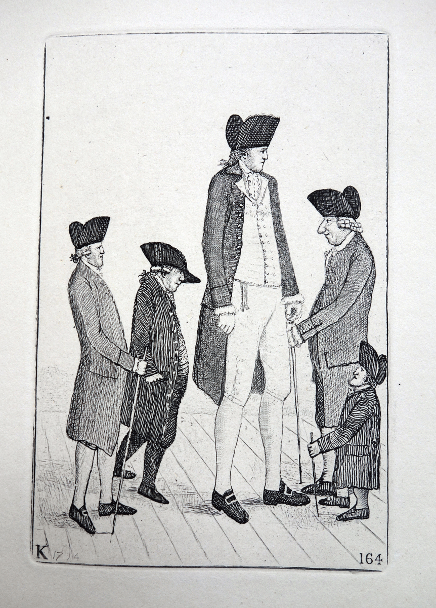 The Irish Giant, Mr. Watson, Mr McGowan, Mr. Fairholme, and Geordie Cranstoun  John Kay etching 18c