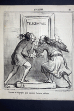 Load image into Gallery viewer, Daumier lithograph Running to the telegraph to announce the same victory. from ‘Actualites’
