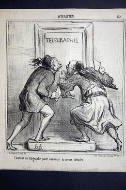 Daumier lithograph Running to the telegraph to announce the same victory. from ‘Actualites’