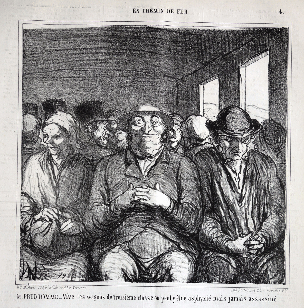 Daumier lithograph Mr. Prudhomme: Long live the third class compartments. ‘En Chemin de Fer’